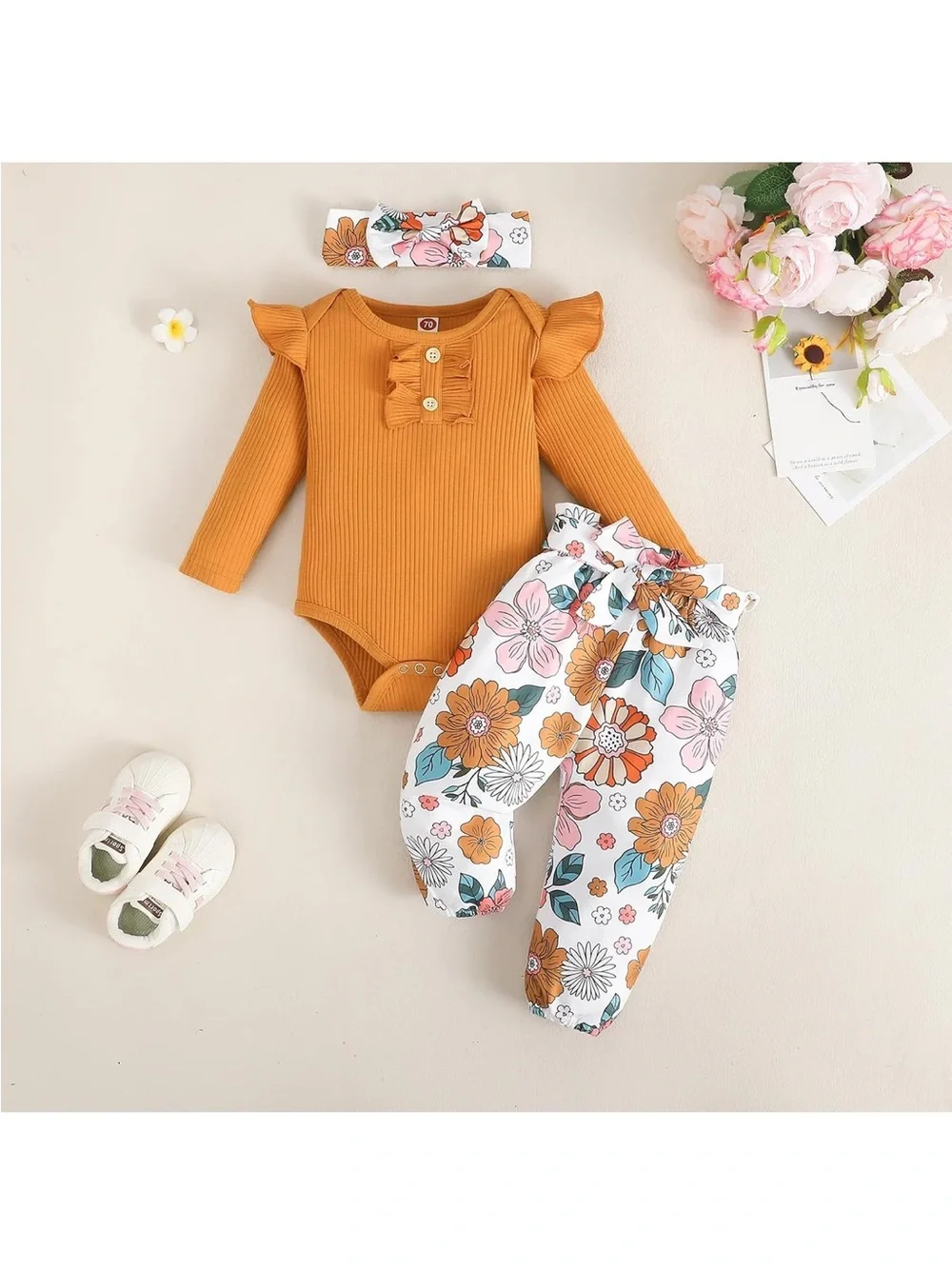 Mustard Floral Baby Bodysuit Set with Headband